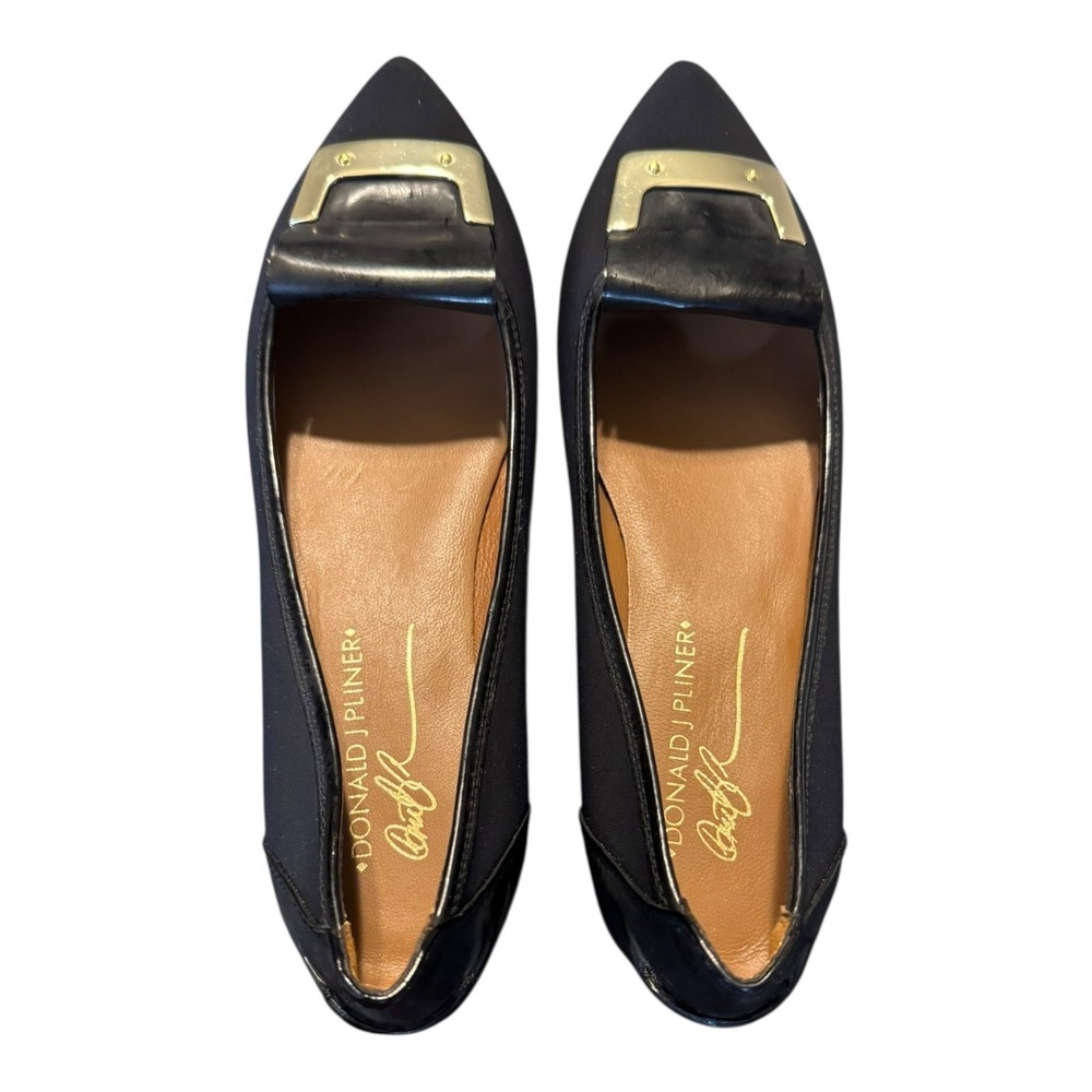 Donald‎ J Pliner Womens Nila Mini Wedge Flat 6.5 Black Suede Patent Gold Buckle - Picture 10 of 12